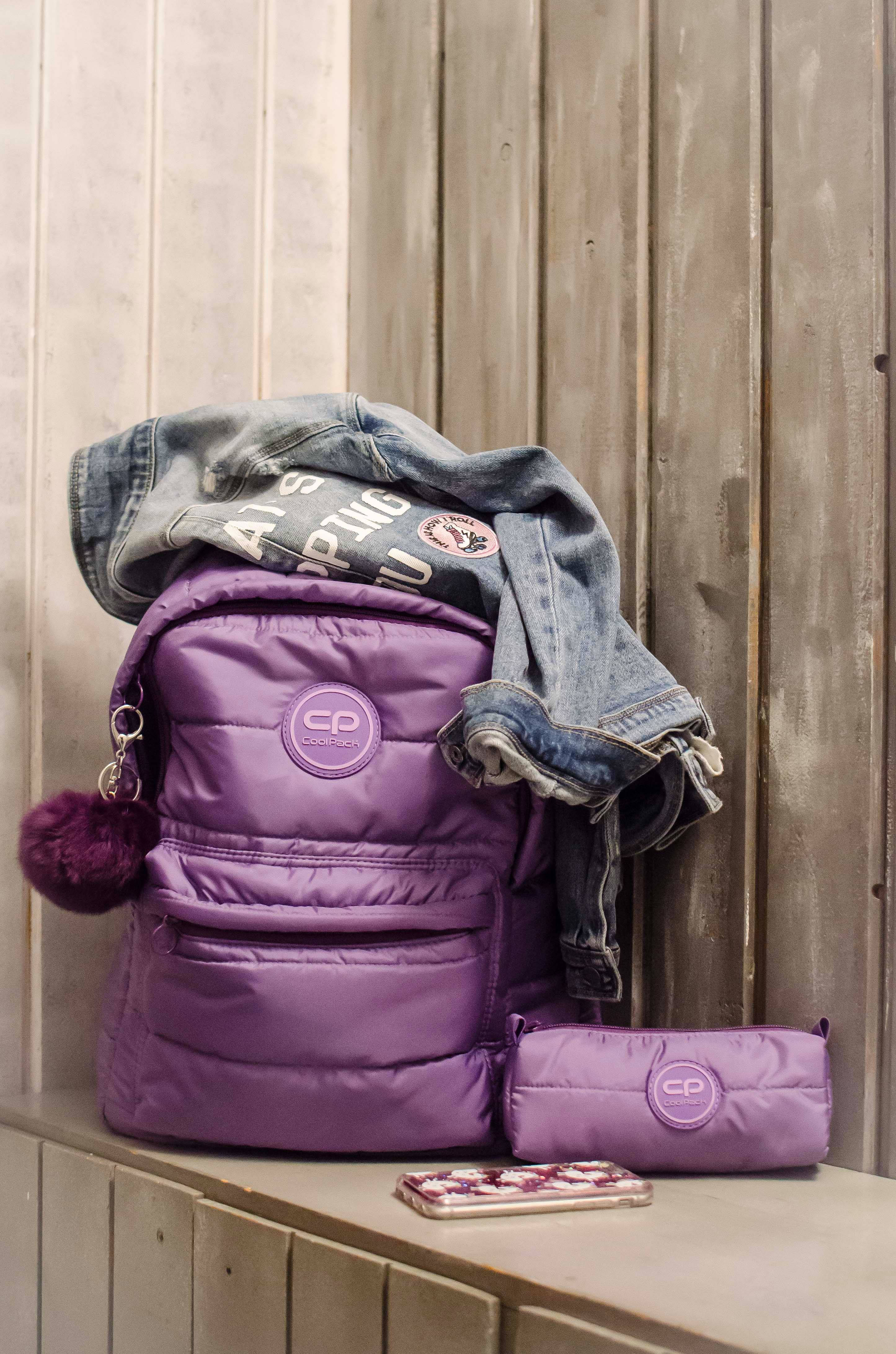Plecak miejski puchowy pikowany fioletowy z pomponem coolpack 2018 nowa kolekcja plecaków 